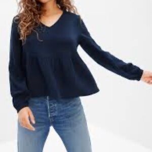 Gap long sleeve, gauze, peplum top, V neck, navy blue, 100% cotton
